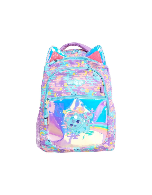 Smiggle blue space cat backpack with holographic front and cat ears for kids
